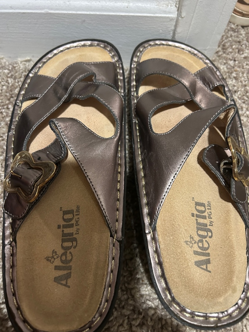 Alegria Metallic Bronze-Brown Leather Slide Sandals with Gold Buckles